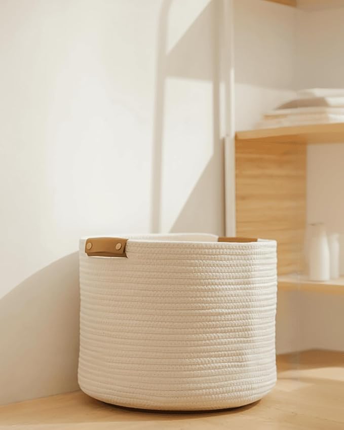 Medium Cotton Woven Basket with PU Leather Handle, Baby Kids Clothes Toys Candy Gifts Cotton Rope Organizer, Living Room Bathroom Shower Storage Laundry Basket, Dog Cat Bed, Cute Decor, White