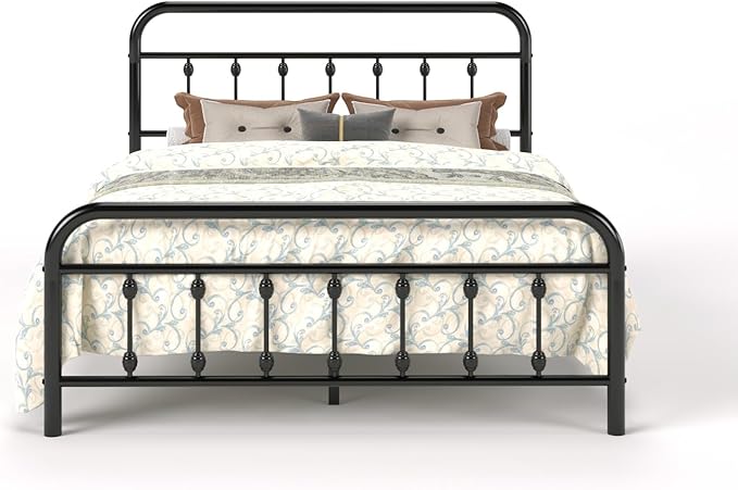 SHA CERLIN Full Size Metal Platform Bed Frame with Victorian Style Iron-Art Headboard and Footboard, Easy Assembly, Under Bed Storage, No Box Spring Required, Black