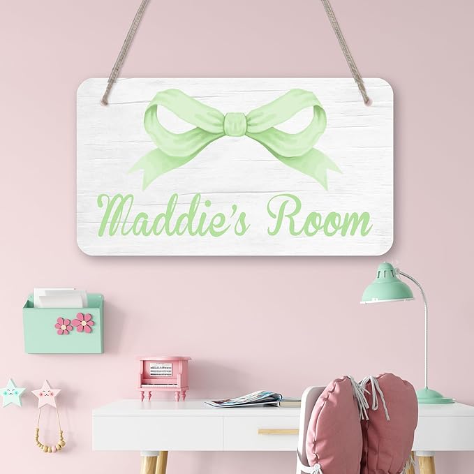 Personalized Green Bow Kids Room Door Sign Custom Name Girls Boys Bedroom Decor Toddler Baby Nursery Wood Art Wall Plaque 12x6 Inches