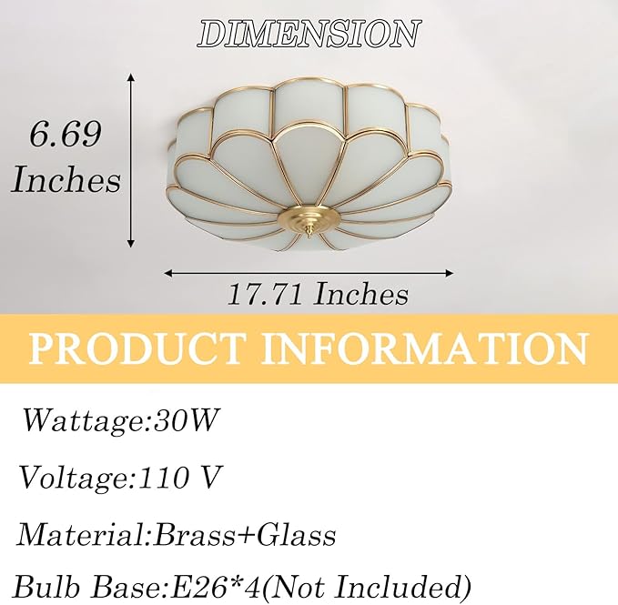 Mid Century Brass Flush Mount 4-Light LED Ceiling Lamp, Frosted Glass Shade Modern Light, Close to Ceiling Decorative for Bedroom Living Room (17.71" W)