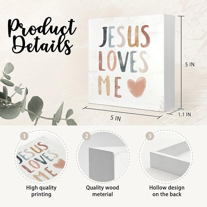 Boho Neutral Baby Girl Boy Nursery Decor - Jesus Loves Me Christian Wood Box Sign Desk Decor, Toddler Boy Girl Room Decor, Christian Desk Decor, Bible Verse Decor, 5x5