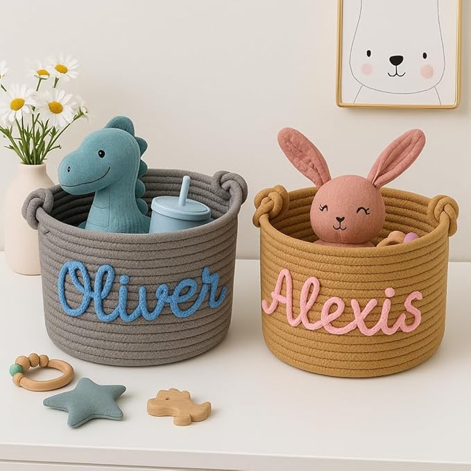 MBBEST Personalized Baby Shower Basket β Custom Rope Cotton Babys Basket with Name β Newborn Keepsake, Nursery Storage, Small Diaper Caddy Organizer, Cute Girl & Boy Baby Gifts