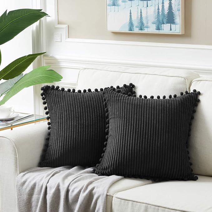 Fancy Homi Pack of 2 Black Boho Decorative Throw Pillow Covers with Pom-poms 26x26 Inch, Soft Corduroy Solid Square Cushion Cases for Couch Sofa Bedroom Living Room (26x26 Inch/66x66 Inch, Black)