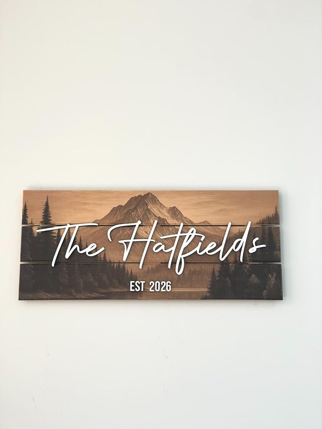 Custom Mountain Family Name Sign - Rustic Wood Wall Decor, Personalized Wedding & Gift for Couples Anniversary, Housewarming Gift for New Home