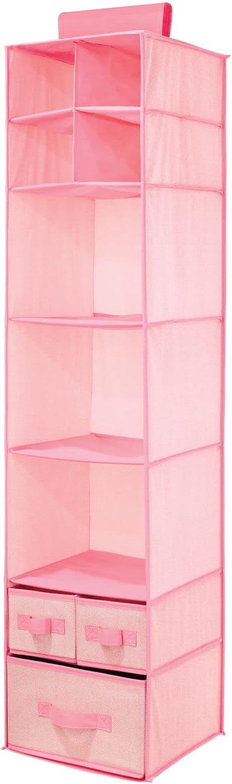 mDesign Fabric Hanging Organizer - Over Closet Rod Storage with 7 Shelves and 3 Removable Drawers for Baby Nursery or Bedroom Organization - Holds Clothes, Linens, Toys, Accessories - Pink Herringbone