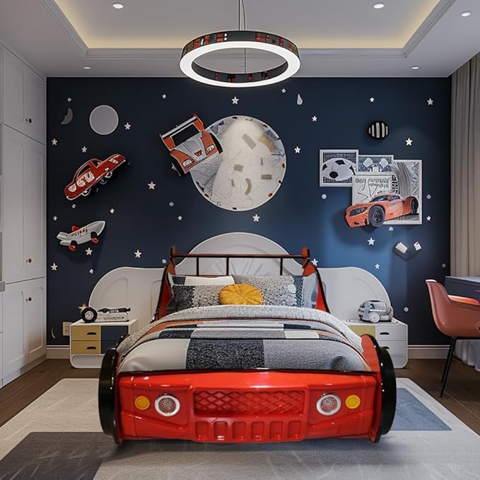 Race Car Twin Bed Frames for Kids, Wood Car-Shaped Bed Frame with LED Lights & Slat Support for Toddler, Boys or Girls (Race Car-Red)