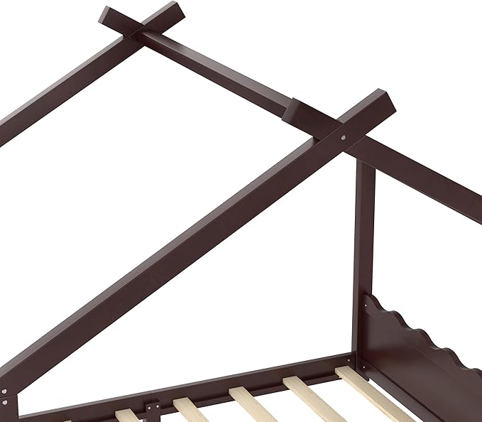 Queen Size Wooden House Floor Bed - Kids Bed Frame with Roof & Support Slats for Bedroom, No Box Spring Needed, Easy Assembly (Espresso)