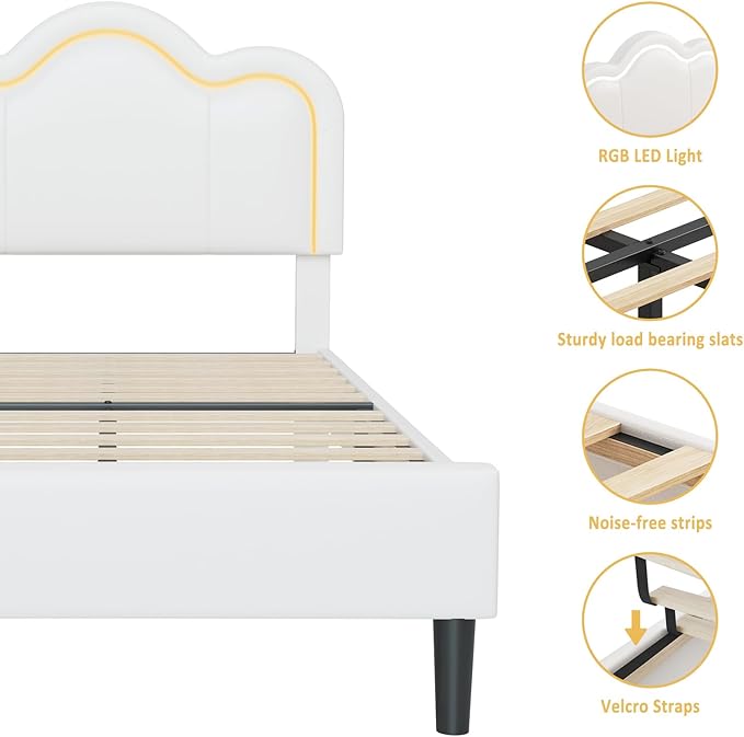 GarveeHome Twin Upholstered LED Bed Frame with Headboard, Faux Leather Princess Platform Bed Frame for Kids, Wooden Slats Support, No Box Spring Needed (Cream, Twin)