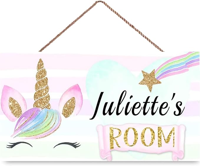 Personalized Name Rainbow Unicorn Face Door Sign Pink Gold Star Cute Bedroom Gift for Nursery Kids Girls Boys Christmas Custom Wooden Plaque Sign Décor