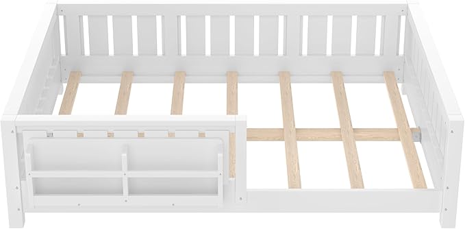 Bellemave Full Size Floor Bed with Slats and Safety Guardrail, Full Size Montessori Floor Bed with Fence and Built-in Bookshelf, Easy Assemble Montessori Beds for Kids, Girls, Boys, White
