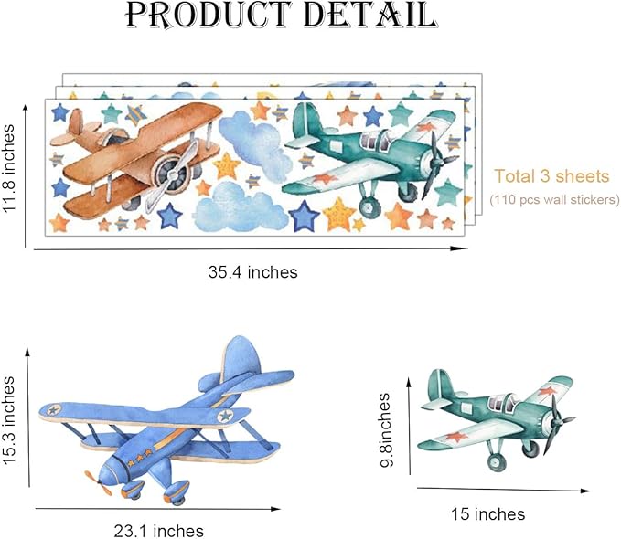 Watercolor Airplane Wall Decals, Classic Aircraft with Stars Clouds Vinyl Wall Stickers,Removable Vintage Airplane Artwork for Kids Boys Bedroom Kindergarten Playroom Decor