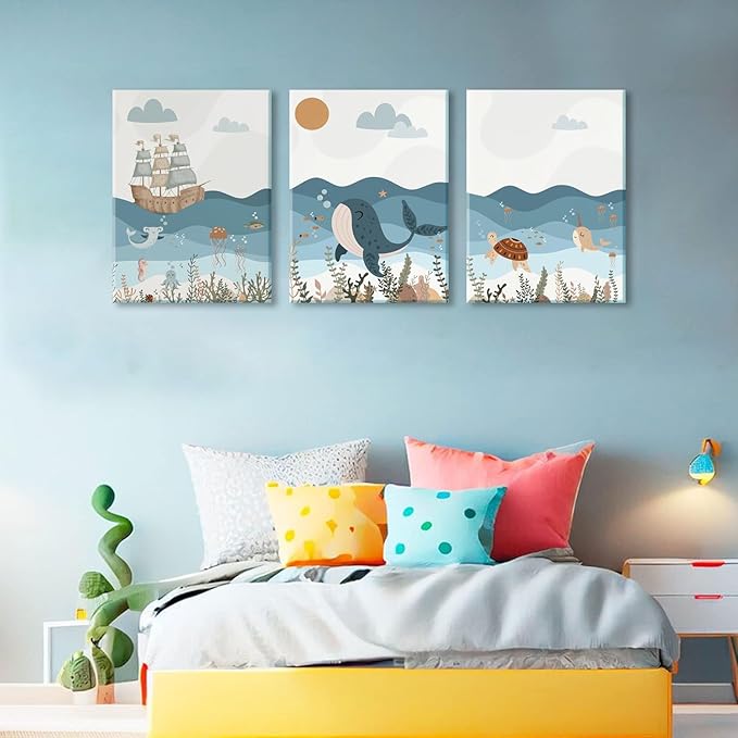 LYPHNX Framed Blue Ocean Nautical Nursery Canvas Wall Art Sea Turtle Whale Animal Painting Picture Set of 3 Kids Prints Poster Wall Decor for Baby Boys Girl Children's Room Bedroom Bathroom 16"x24"