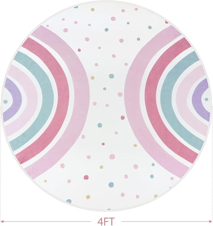 STARUIA Pink Round Rug for Nursery, 4 Ft Rainbow Washable Rug for Kids Room, Non-Slip Circle Rug Colorful Bedroom Carpet for Girls Princess Castle Playroom Classroom
