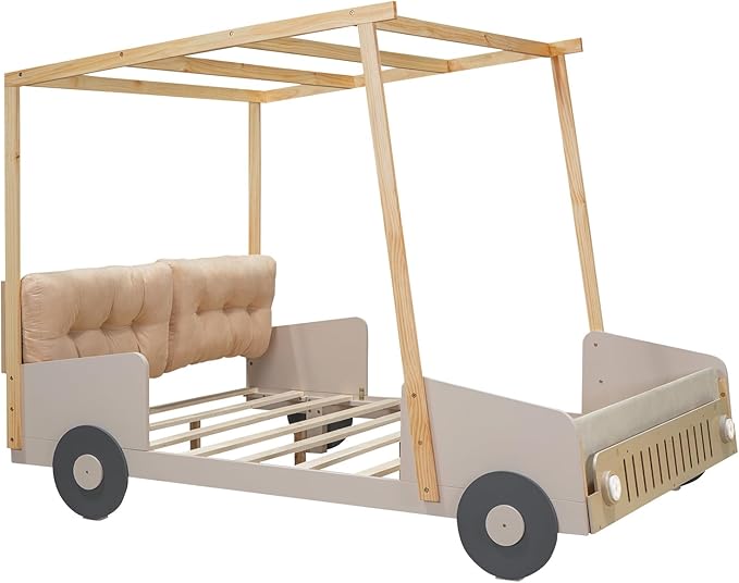 Full Size Car Bed with Ceiling Cloth,Wood Car-Shaped Bed Frame with Pillow and LED Light for Kids Girls Boys, No Box Spring Needed, Natural
