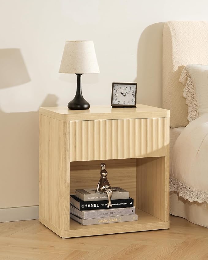 Night Stand Fluted Nightstand with Drawers, Wood Bedside Table with Storage Shelf, Bed Side Table for Bedroom, End Tables Living Room, Farmhouse Nightstands Night Stands, Sofa Side Tables