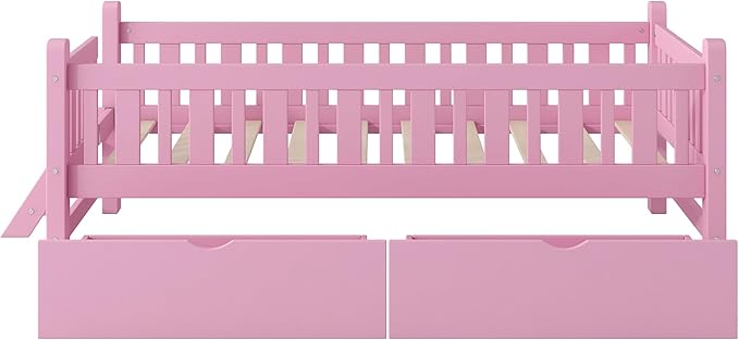 Twin Size Platform Bed with Guardrail and 2 Drawers, Wood Kids Platform Bed Frame with Two-Step Ladder for Boys Girls, Sturdy Slats Support (Pink-1.26)