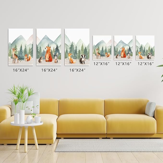 Forest Animals Mountain Adventure Nursery Decor, 3 Piece Watercolor Nusery Wall Art for Boys, Woodland Nursery Wall Decor, Baby Boy Girl Safari Room Wall Art, Framed Canvas, 16"x24"