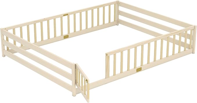 KOMFOTT Queen Size Wood Floor Bed with Door & Fence, Montessori Bed Frame with Full Length Safety Guardrails, Door & Latch, Wooden Montessori Floor Bed for Kids, Girls, Boys (Queen,Natural)