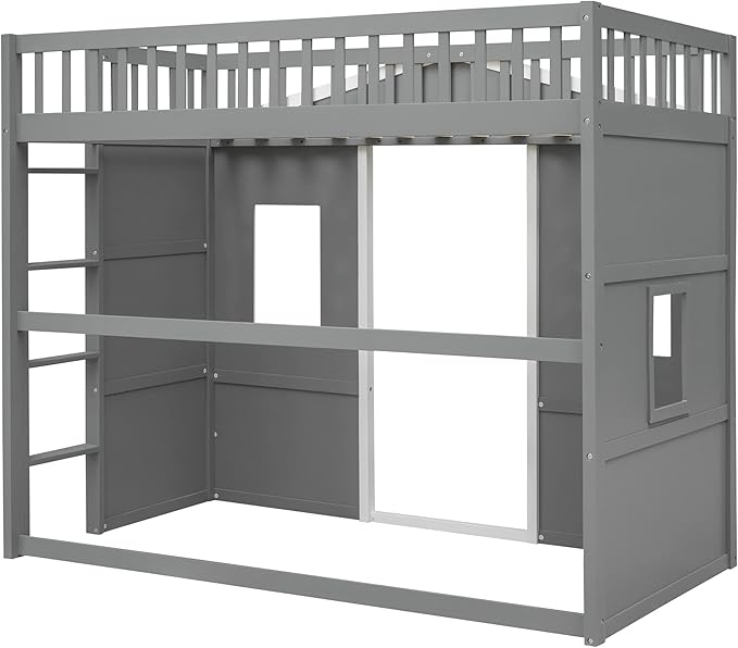 Twin Size Loft Bed with Safety Guardrail for Kids Boys Girls, Playhouse Design Solid Wood Loft Bed Frame with Ladder and Windows, Strong Wood Slats Support, Space-Saving (Gray+w Twin)