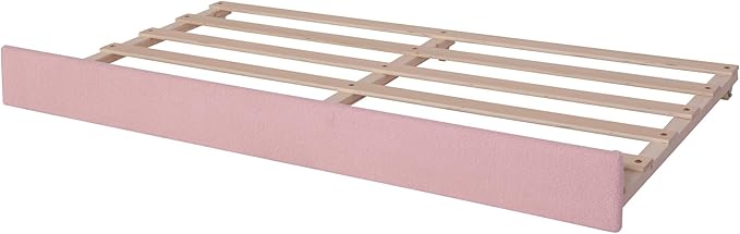 Merax Twin Size Upholstered Daybed with Light and Trundle, Pink Teddy Fleece Sofa Bed Modern Wooden Platform Bed Frame for Bedroom, Living Room, Guest Room, Apartment