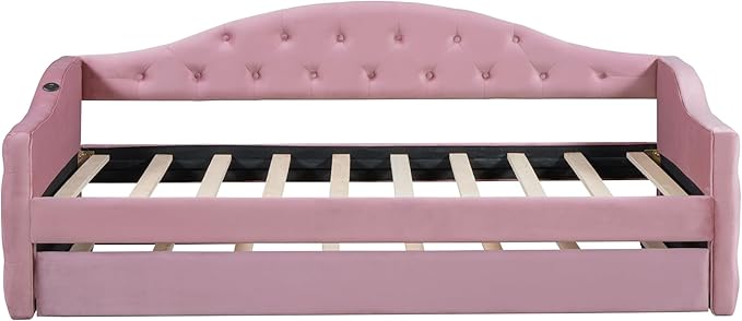 Bellemave Twin Size daybed Frame with Trundle for Adults, Kids, Girls, Teens, Tufted daybeds with Trundle for Living Room, Velvet, (Mattress not Included), Pink