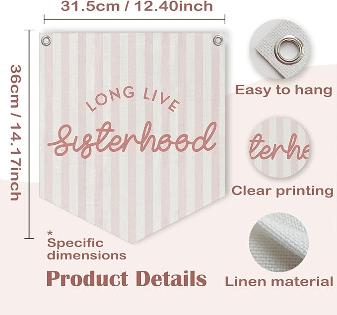 Lacama Girl Room Decor, Long Live Sisterhood Linen Banner Hanging Flag Retro Pink Banner for Nursery Playroom Wall Decor for Kids Bedroom Dorm Toddler Decorations Trendy Room Decor 12.4x14 in