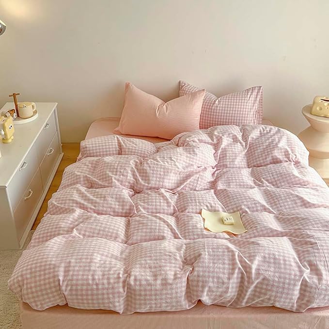 Nayoroom Pink Gingham Comforter Set Full Size Plaid Checkered Comforter 3 Pcs Soft Lightweight Grid Farmhouse Dorm Bedding Set for All Seasons (1 Comforter, 2 Pillowcases)
