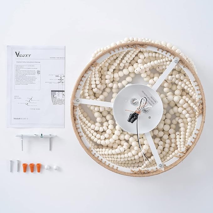 VILUXY Bohemia Wood Beaded Flush Mount Ceiling Light Antique Rustic Mini Chandelier White Finishing for Bedroom,Nursery Room, Girl Room, Hallway, Entryway, Passway, Dining Room, 3-Light UL Listed