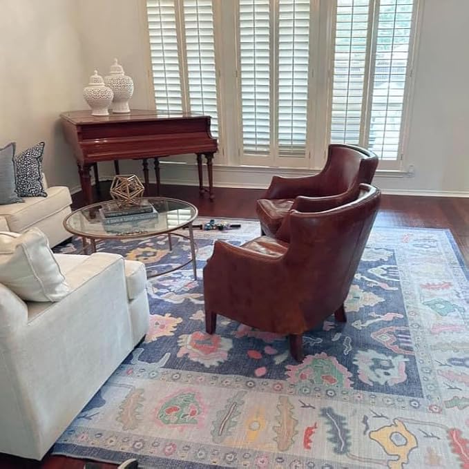 Fame Rugs Navy Blue Modern Oushak Rug 9x12, Vintage Turkish Colorful Oriental Washable Antique Inspired Oversize Area Rugs, Luxury Living Room Bedroom (386PBL, 9' x 12) (388NB, 9' x 12)