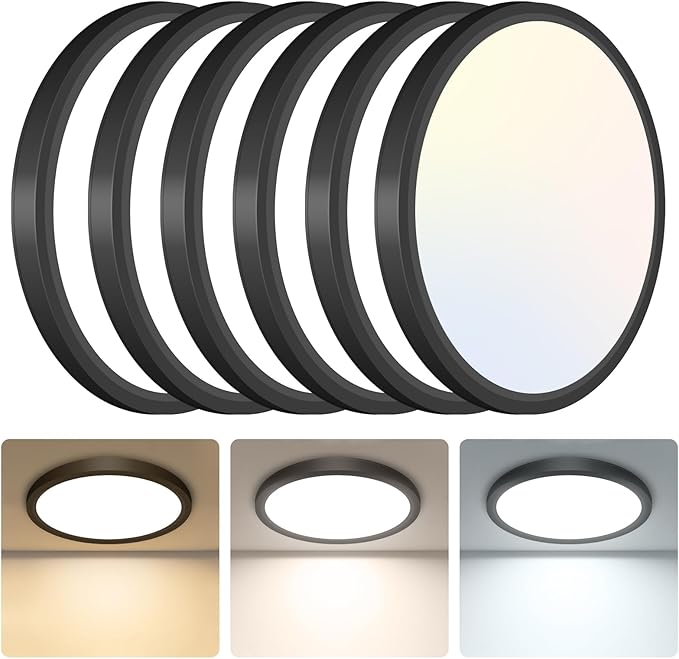libtit 6Pack 7 inch Flush Mount Ceiling Light - 15W 1500Lm Surface Mount LED Light Fixture,3000k/4000k/6500k Color Selectable, Black Thin Flat Round LED Lamp for Bathroom Kitchen Laundry