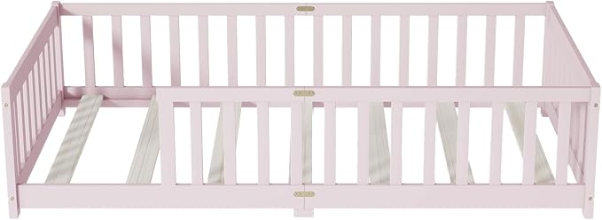 Twin Size Floor Bed for Kids, Wood Montessori Floor Beds with Fence Railings and Slats Support, Twin Playhouse Bed Frame for Boys Girls, No Box Spring Needed, Pink