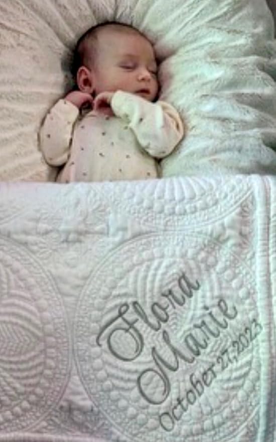 Personalized Baby Bed Blanket Quilt with Name Date Newborn Gift Girl Boy Crib Size White Custom Pink Blue White Embroidered Nursery