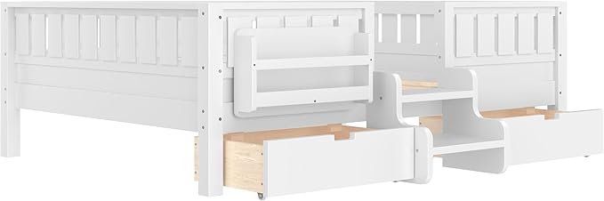 Bellemave Full Size Kids Bed with high Rails and with Built-in Bookshelf and Drawers for Kids, Girls, Boys, Wood Montessori Bed Without Door, White