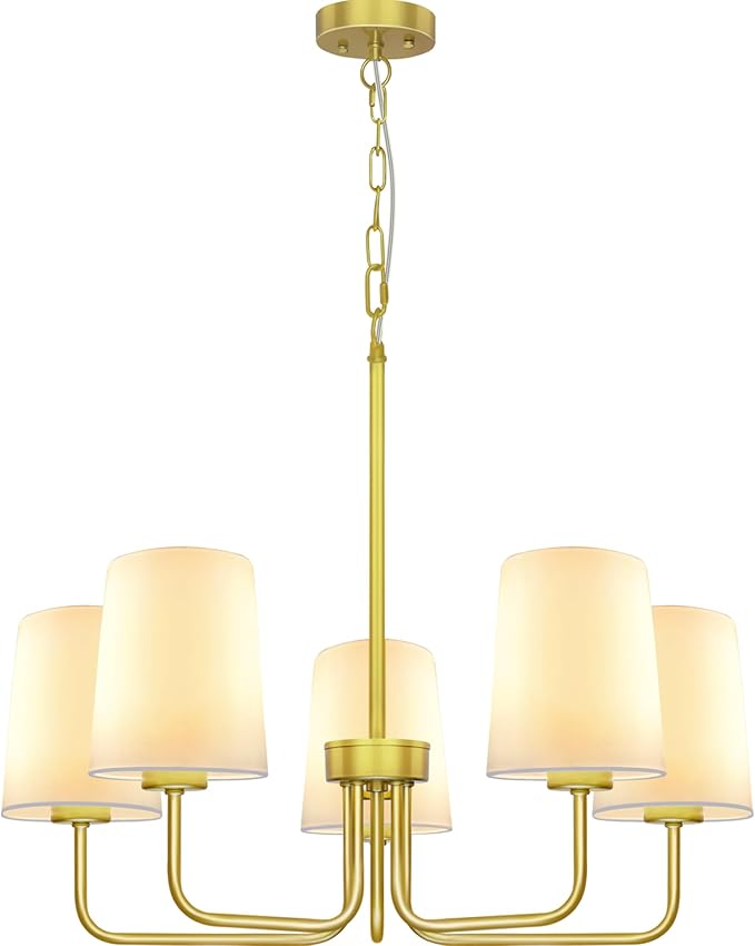 Farmhouse Chandelier, 5-Light Gold Chandelier with White Fabric Shade, Height Adjustable Modern Dining Room Light Fixture with E26 Base for Bedroom Foyer Hallway Entryway Kitchen Living Room