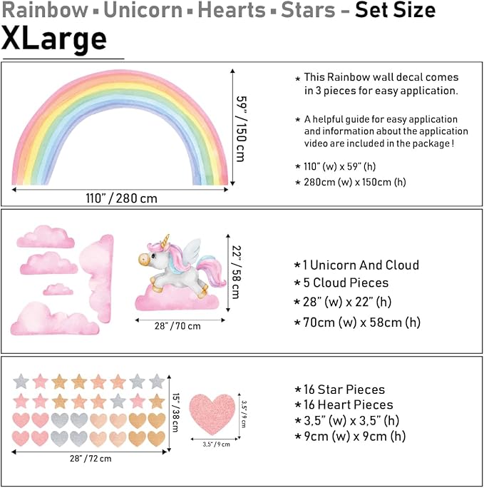 Unicorn Wall Decal – Unicorn - Rainbow - Clouds Wall Sticker Set for Baby Girl Nursery – Pastel Whimsical Sticker Mural for Kids Room Decor (Unicorn Rainbow, XLarge)