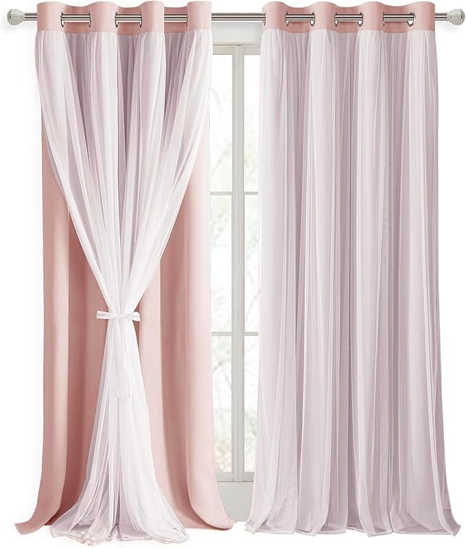 DWCN Layered Curtains Blackout and Sheer Curtains with Tiebacks Grommet Top Window Treatments with Sheer Overlay for Living Room, Girls Bedroom, Nursery, 52 W by 96 L, Rose Blush, 2 Pieces