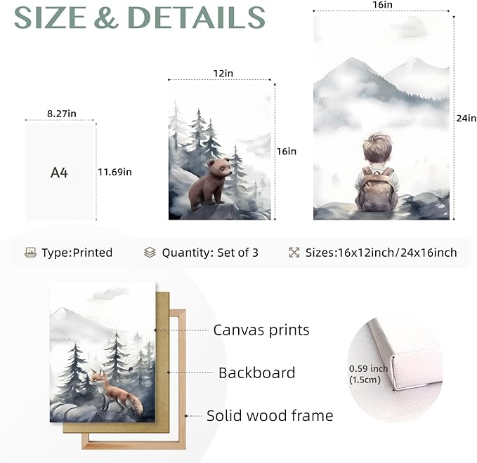 Cyebmo Framed Woodland Boy Nursery Wall Art Set of 3, Whimsical Boy Adventure Wall Decor, Mountain Forest Animal Bear Fox Wrapped Canvas Artwork for Classroom Kids Room Baby Nursery 12"x16"x3