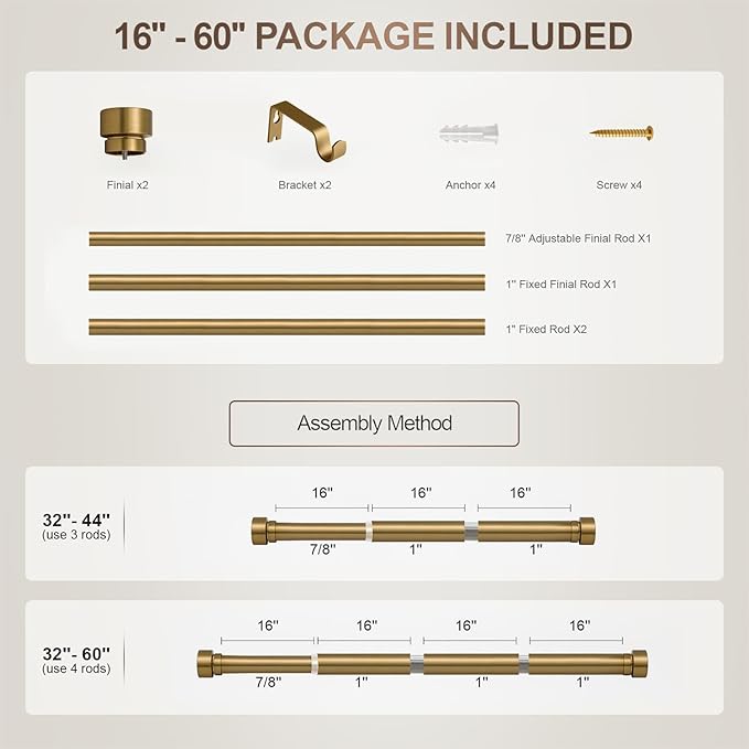 Brass Curtain Rods for Windows 28 to 48 Adjustable Modern Gold Curtain Rod 1 inch Diameter Heavy Duty with Solid Metal Finials for Living Room Bedroom Farmhouse Outdoor Patio