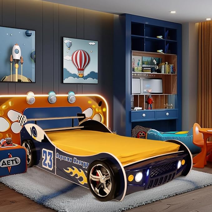 LKTART Car Bed Twin Size for Kids, Race Car Shaped Wooden Platform Bed Frame with Headboard Wheels and Support Slats for Boys Toddlers Child's Bedroom (Blue)