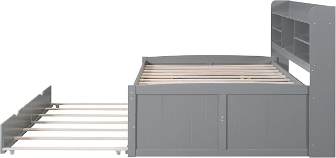 Harper & Bright Designs Full Size Captain Bed with Built-in Bookshelves/3 Storage Drawers/Trundle, Wooden Full Daybed Bed Frame for Kids Teens Dorm Bedroom Multipurpose Guest Room, Light Grey