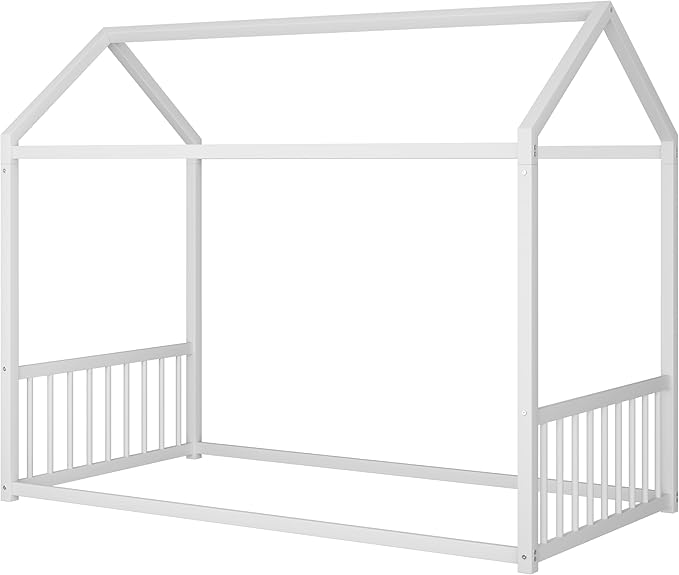 Montessori Style Metal Floor Bed Frame, House Shaped Bed with Vertical Safety Guardrails for Kids and Toddlers, Easy Assemble, No Slats, Twin Size, White