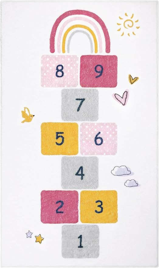 HiiARug Hopscotch Kids Rug Round 5Ft Fun and Educational Playroom Rug Soft Durable Rainbow Floor Carpet Kid’s Play Mat for Bedroom, Playroom, Nursery, Gift for Girls & Boys(Colorful)