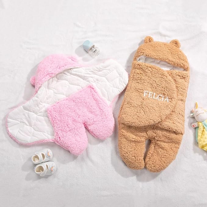 Baby Swaddle Blanket 0-9 Mouth Personalized Cute Bear Adjustable Baby Swaddle Blanket with Name Plush Essential Receiving Blanket Ultra-Soft Registry Sleeping Wraps for Newborn