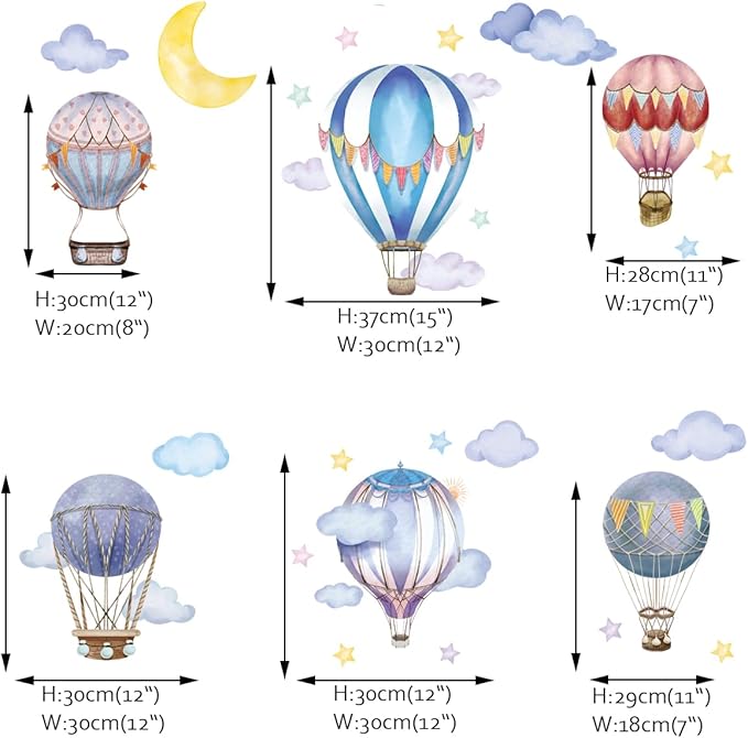 Runtoo Large Hot Air Balloon Wall Decals Nursery Colorful Moon Stars Cloud Balloon Wall Art Stickers Baby Kids Bedroom