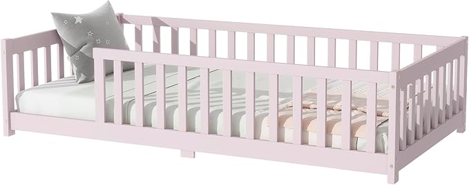 Ball & Cast Twin Size Montessori Floor Bed,Wooden Floor Bed Frame with Wood Slats,Montessori Toddler Bedframe W/Door and Safety Guardrails for Girls Boys,Bedroom,Playroom,No Box Spring Needed,Pink
