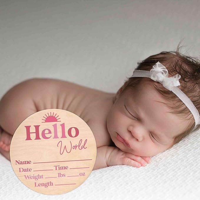 Hello World Newborn Sign - Baby Name Birth Stats Announcement Plaque for Hospital - Photo Prop - Pink Nursery Decor - Shower Gift