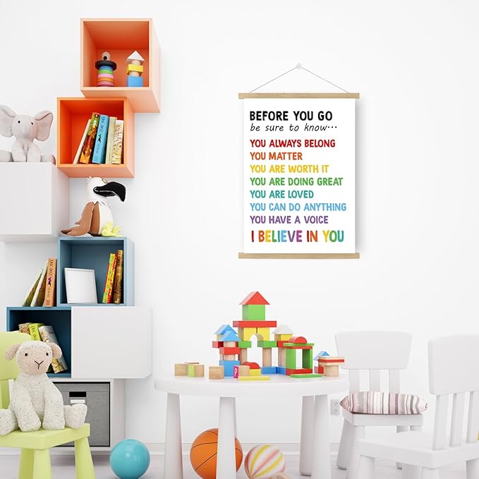 Qswo Positive Affirmations Wall Decor,Before You Go Wall Art Poster Hanger Frame,Inspirational Hanging Canvas Wall Decor for Kids Room Nursery Classroom