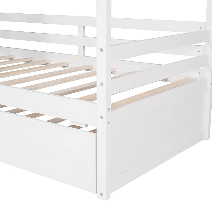 Merax Twin Size House Bed with Trundle, Twin House Shaped Bed Frame for Boys Girls, Wooden Bed Frame Twin Size with Roof, No Box Spring Needed, White