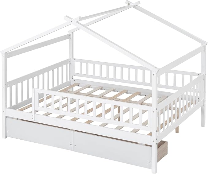 Merax Full Size Wooden House Bed with Two Drawers, Wood Bed Frame with Roof and Safety Guardrail for Kids, Teens, Boys or Girls, White