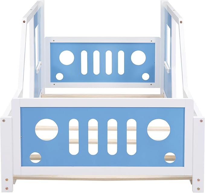 Twin Size Classic Car-Shaped Platform Bed Frame for Boys Girls Kids Toddler with Wheels,Blue